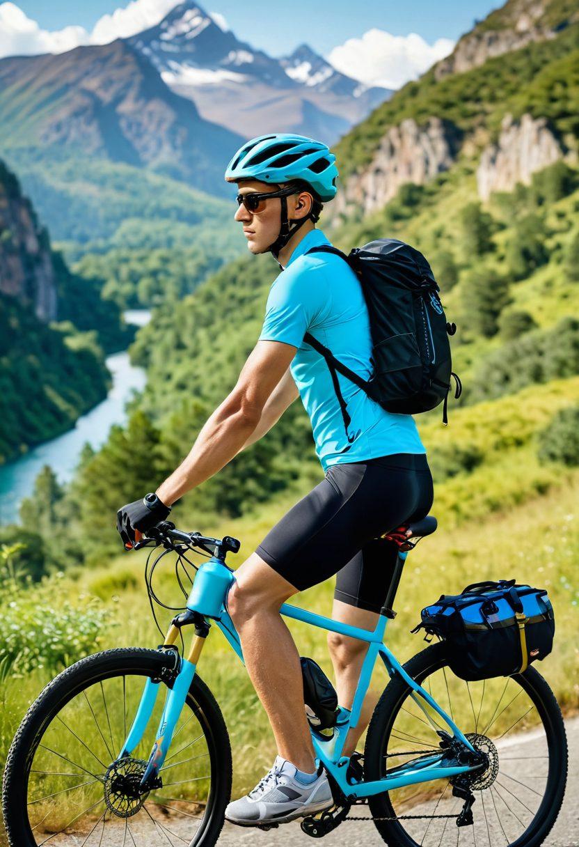A stylish cyclist wearing trendy outdoor gear, riding through a picturesque landscape with mountains and lush greenery, surrounded by essential cycling accessories like a high-tech helmet, colorful water bottle, and a stylish bike pack. The scene captures the thrill of adventure while emphasizing fashion and functionality in cycling. bright colors. super-realistic.