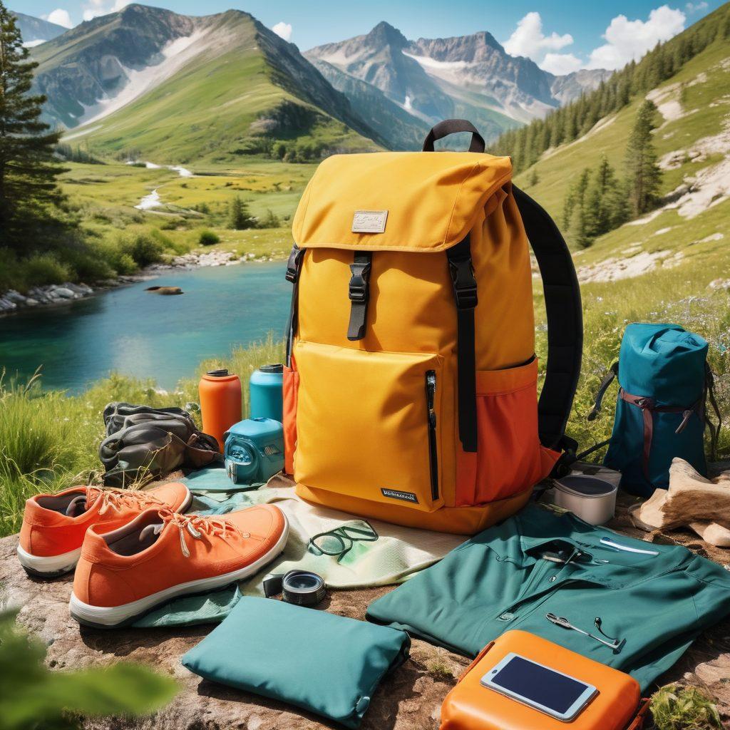 A vibrant collage showcasing eco-friendly outdoor gear such as biodegradable backpacks, solar-powered gadgets, and sustainable clothing amidst a lush summer landscape. Include people enjoying activities like hiking and cycling, wearing stylish yet functional eco-friendly outfits. The scene should evoke a sense of adventure and harmony with nature. Use bright colors and a dynamic composition to capture the essence of summer fun. super-realistic. vibrant colors.
