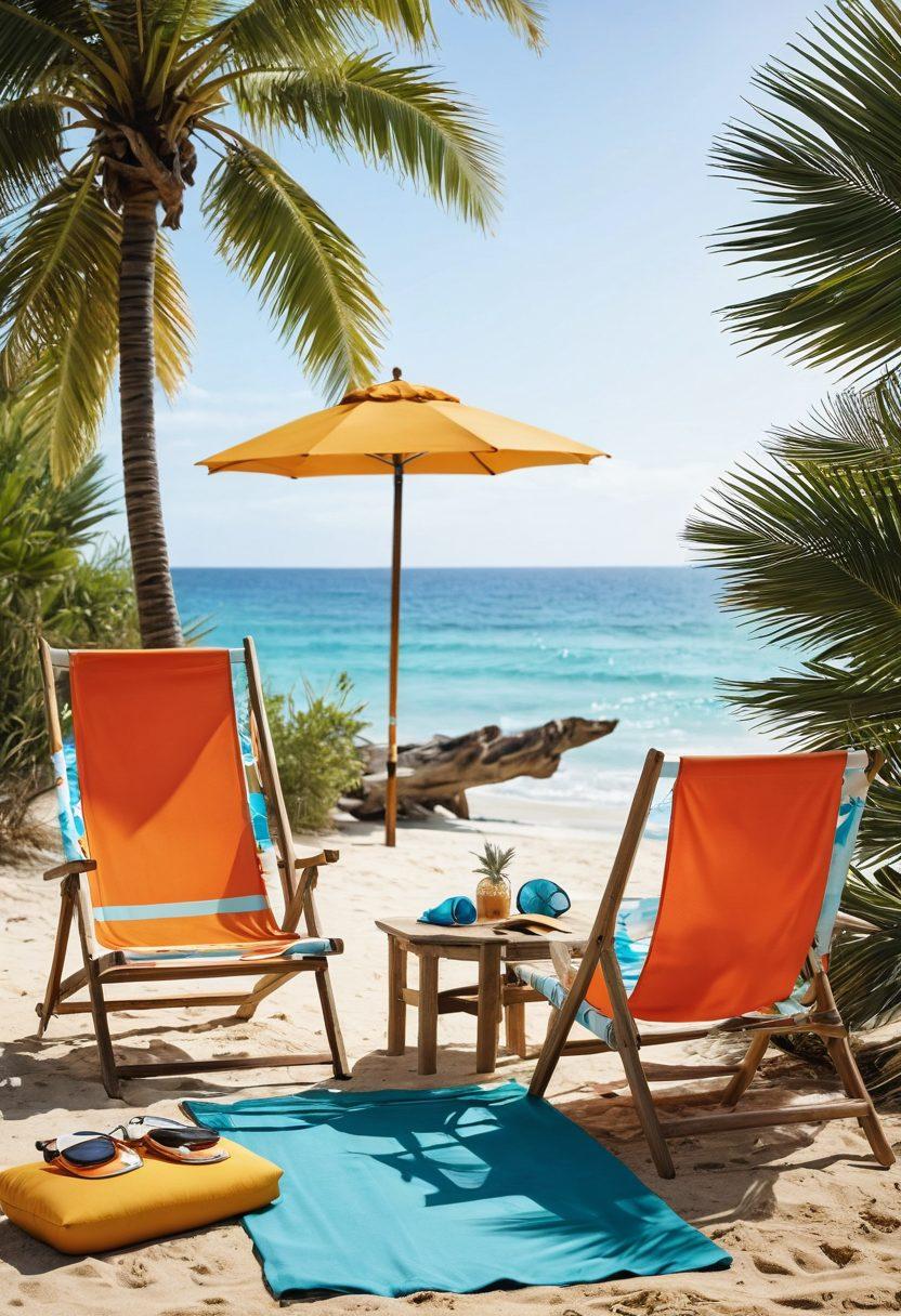 A vibrant summer scene showcasing eco-friendly swimwear displayed against a backdrop of a sunny beach, juxtaposed with stylish sustainable cycling gear resting on a wooden beach chair. Include elements like rolling waves, palm trees, and cyclists in the distance enjoying a scenic path. Emphasize on nature's beauty paired with the products, capturing the essence of summer outdoor adventures. super-realistic. vibrant colors. white background.